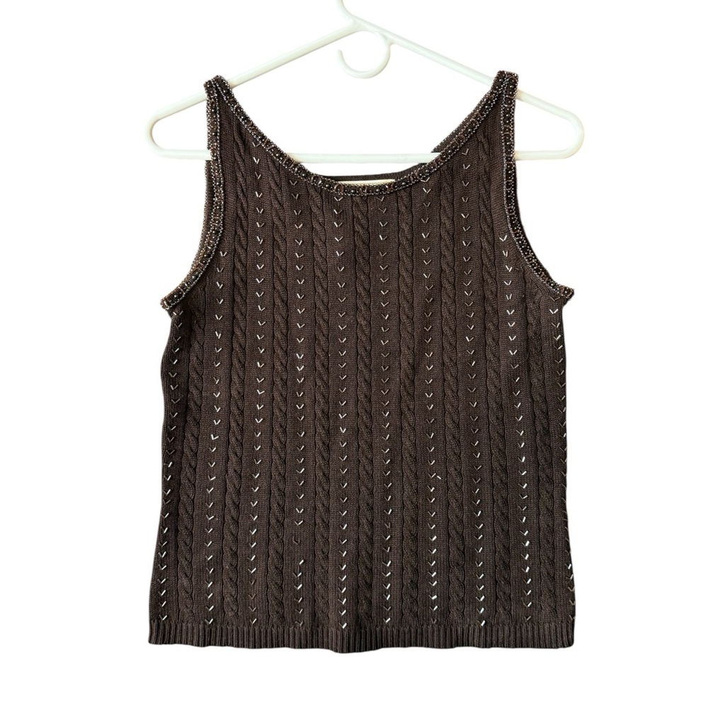 Vintage VIE by Victoria Royal Brown Embellished Beaded Cable Knit Sweater Tank